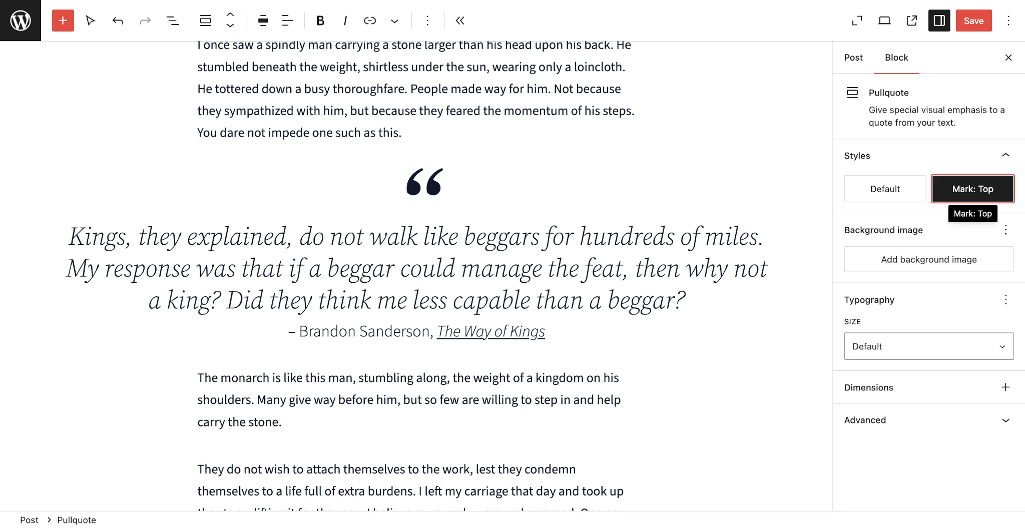 WordPress post editor with some paragraphs. In the middle of the screen is a Pullquote block with a quotation mark at the top.