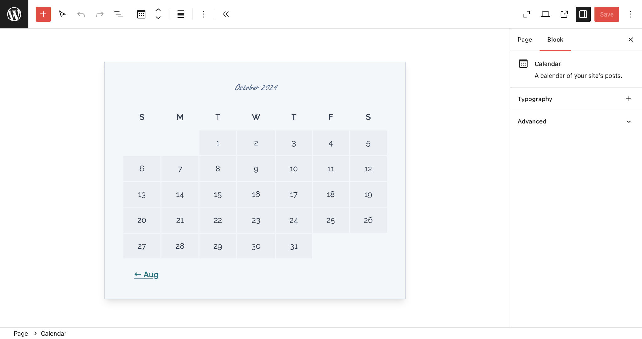 WordPress post editor with a Calendar block. It has a light neutral background with a slightly darker border with square corners.