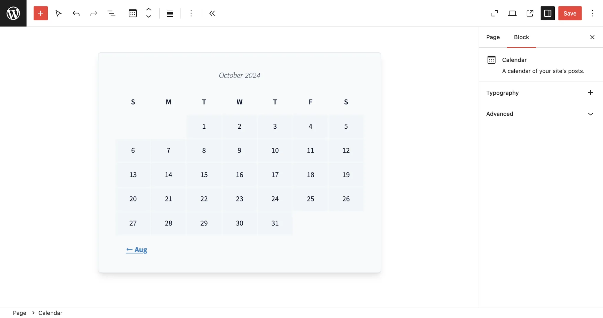 WordPress post editor with a Calendar block. It has a light neutral background with a slightly darker border that is also slightly rounded.