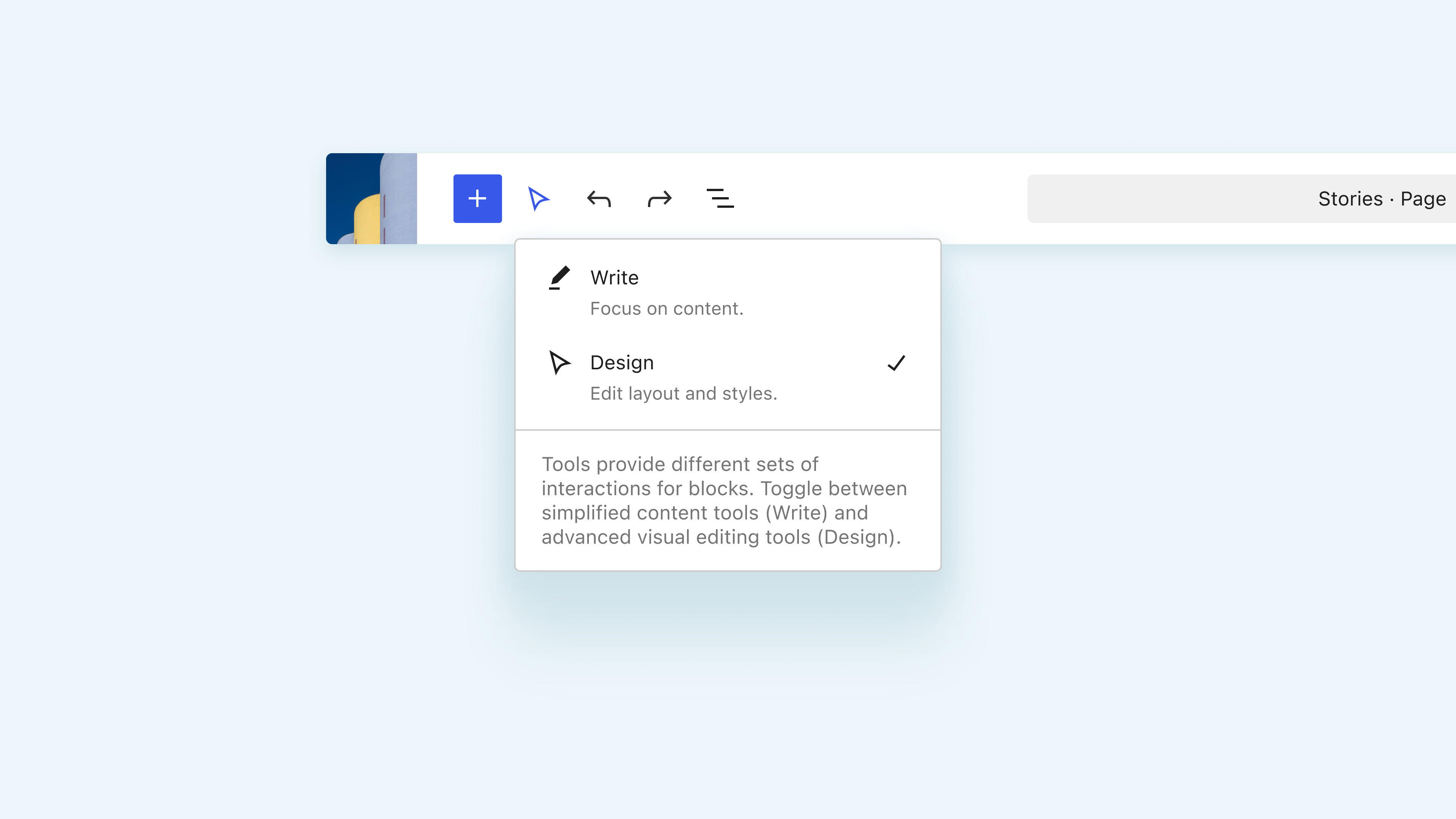 Toggle between Write and Design modes in Gutenberg 19.4.