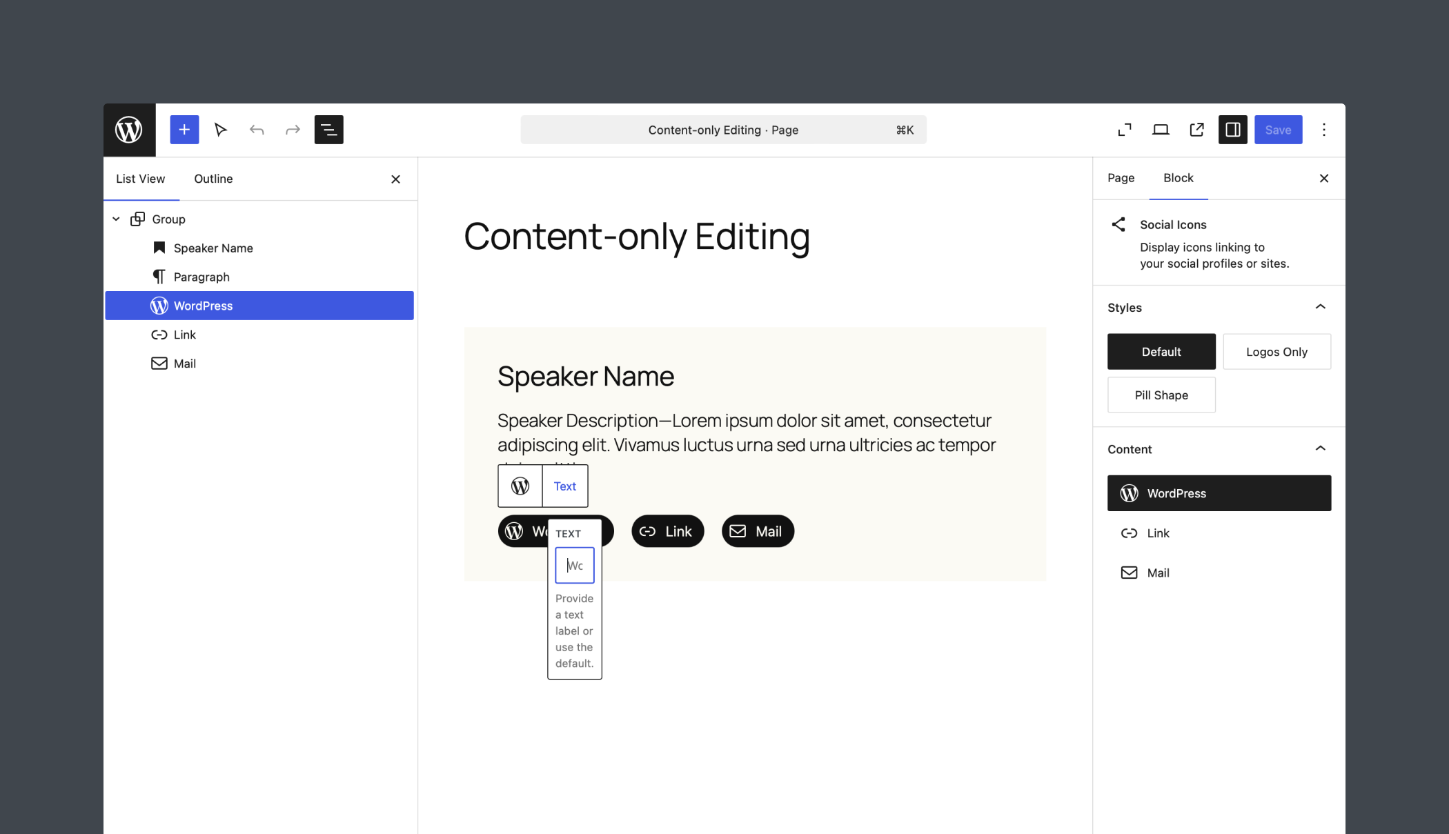 The Text dropdown in the Social Link block when content-only is enabled.