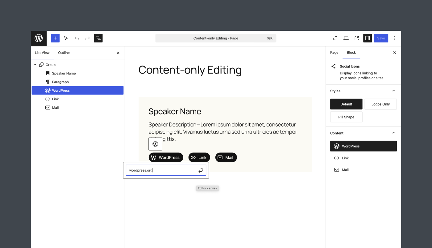URL editing is enabled in the Social Link block.