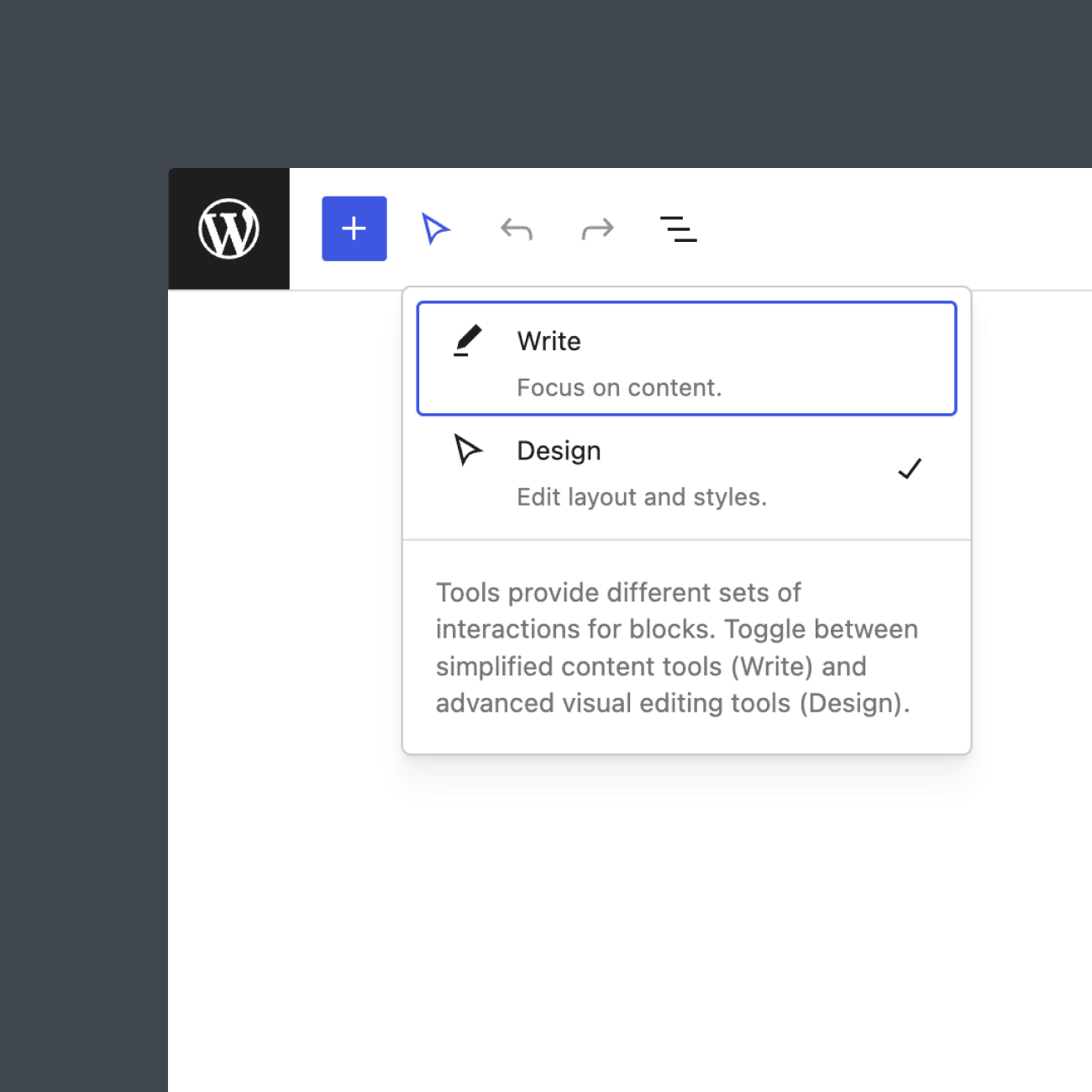 The Write and Design modes in Gutenberg.