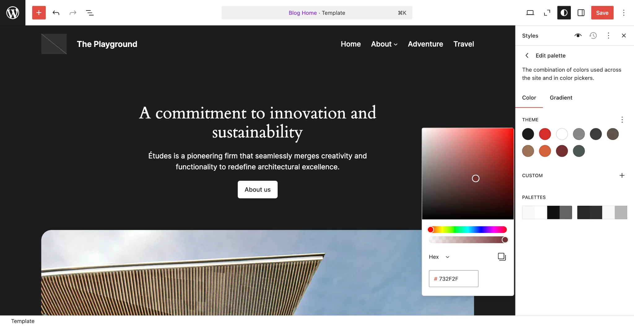 WordPress Styles editor in the Site Editor screen. The theme displayed is dark, and the Styles panel is opened to the Color tab for editing colors.