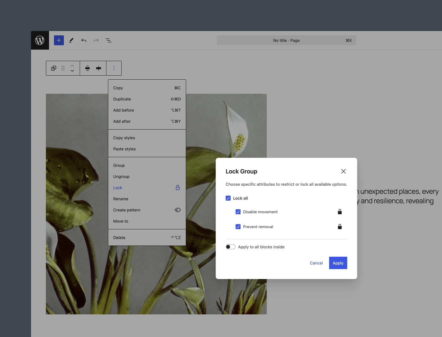 The Editor user interface for locking and unlocking blocks.