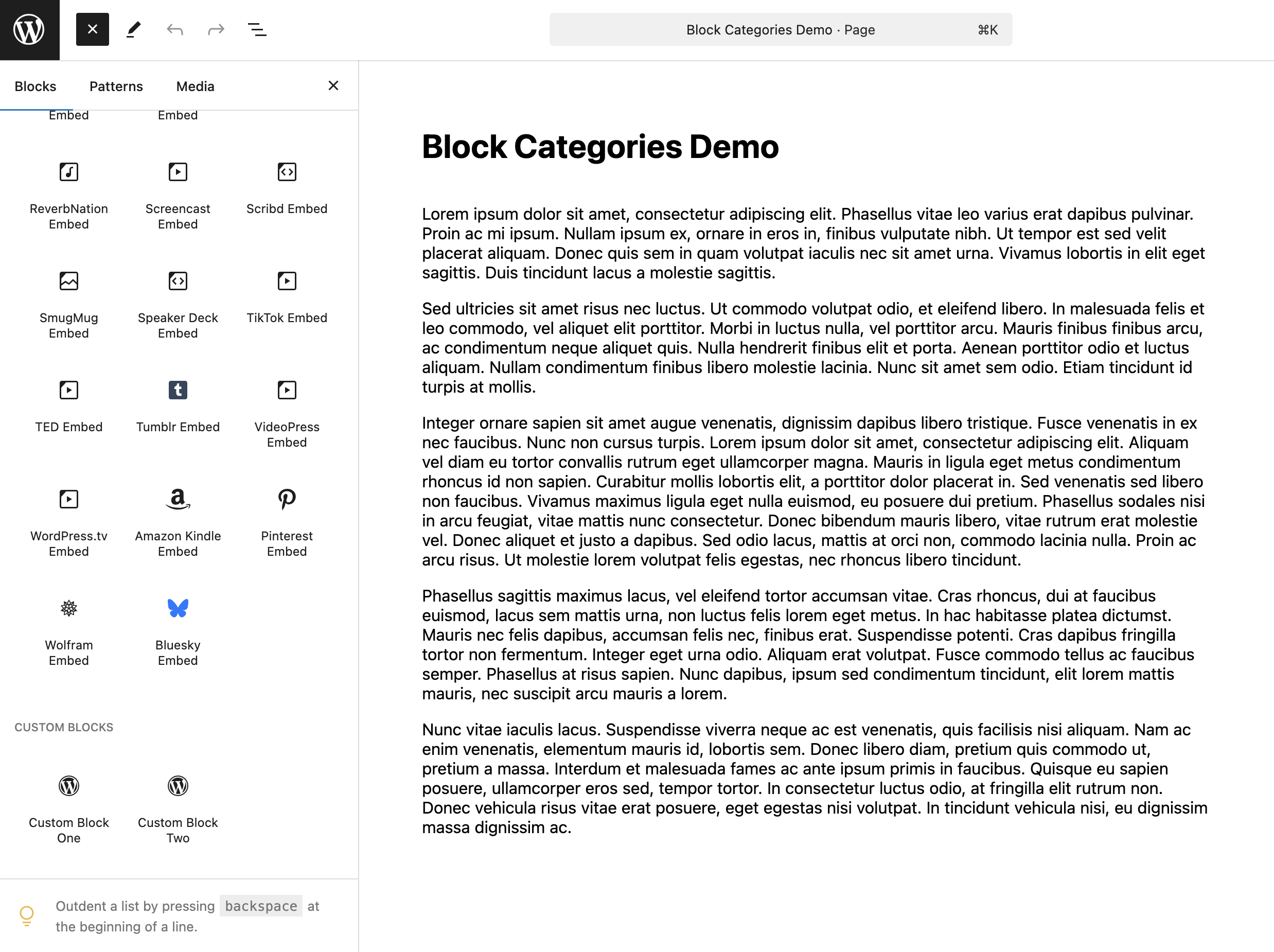 Here's an example of a what a custom block category that has been added to the Block Inserter looks like.