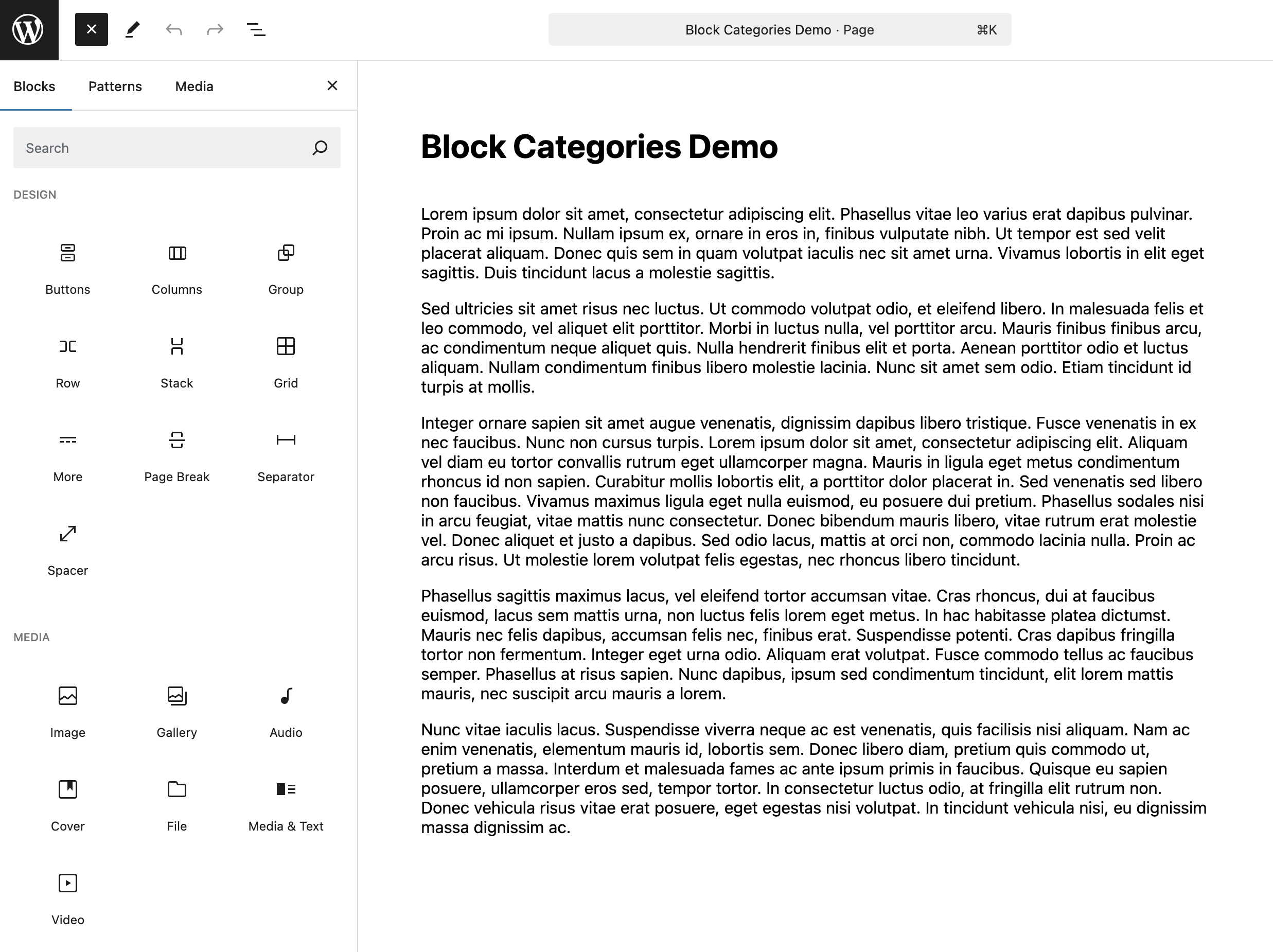Here's an example of what the Design category moving to the top of the Block Inserter looks like while the Text category moves below Media into the third position.