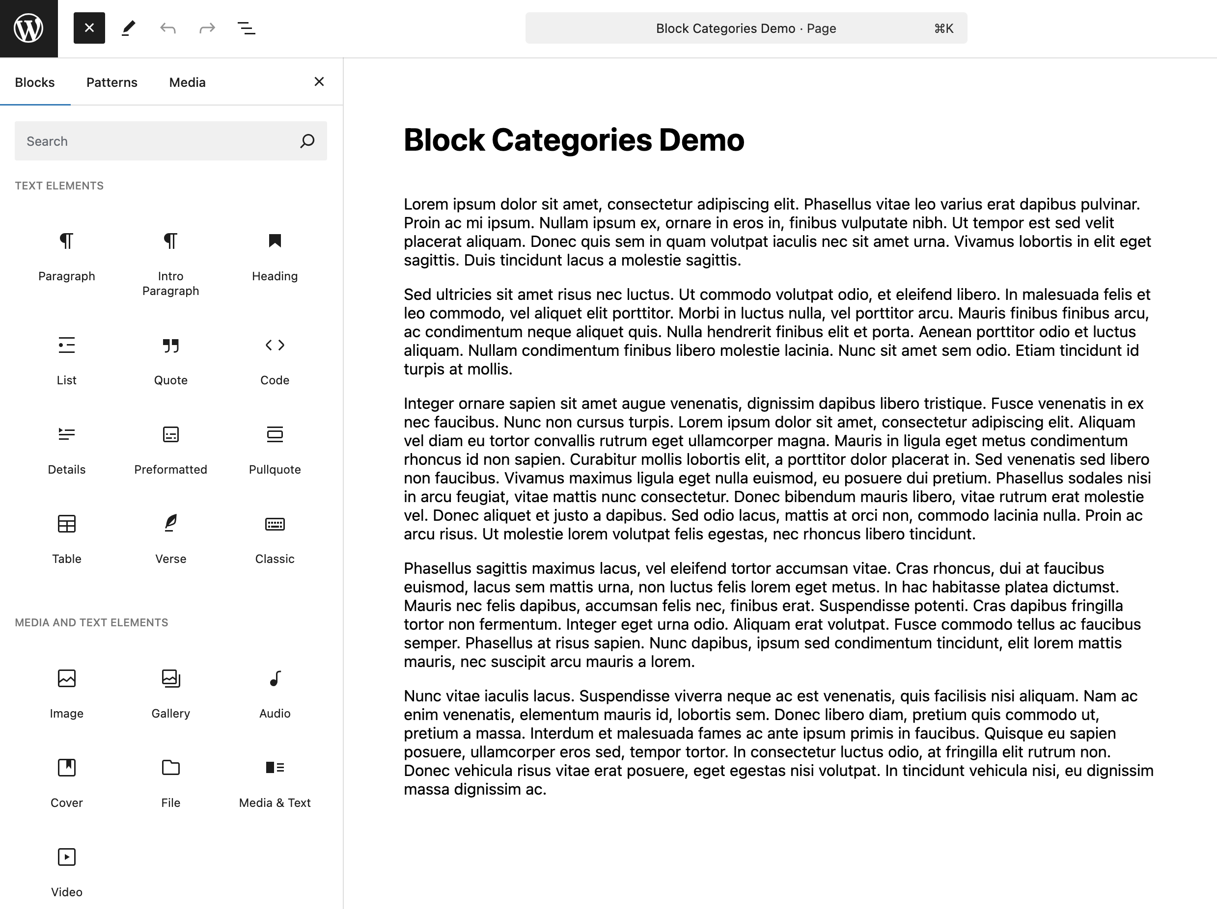 Here's an example of the Text category being renamed to Text Elements and the Media category being renamed to Media and Text Elements and how that looks in the Block Inserter.