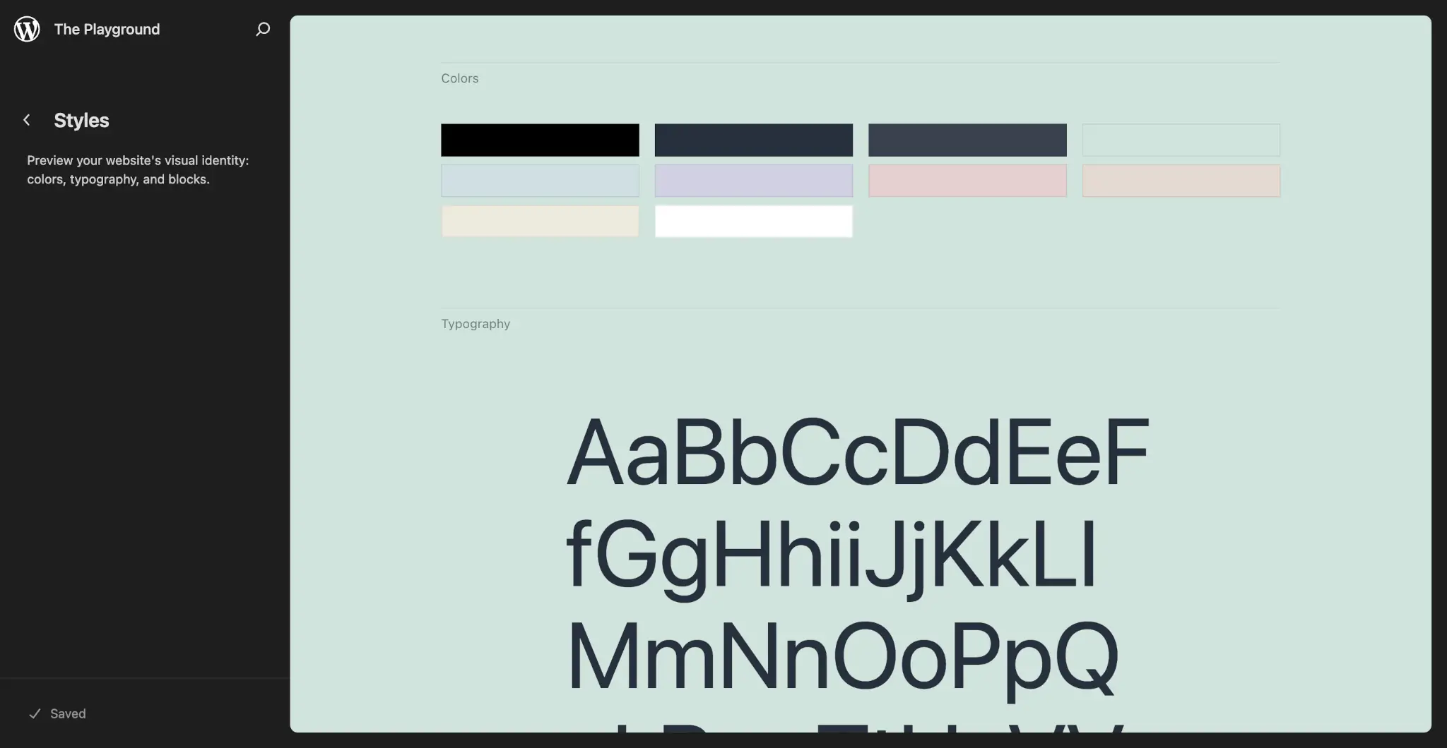 WordPress Styles screen in the Site Editor with a classic theme installed. It shows a Colors and Typography section.