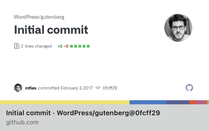 A screen capture of the initial commit to Gutenberg by Matias Ventura.