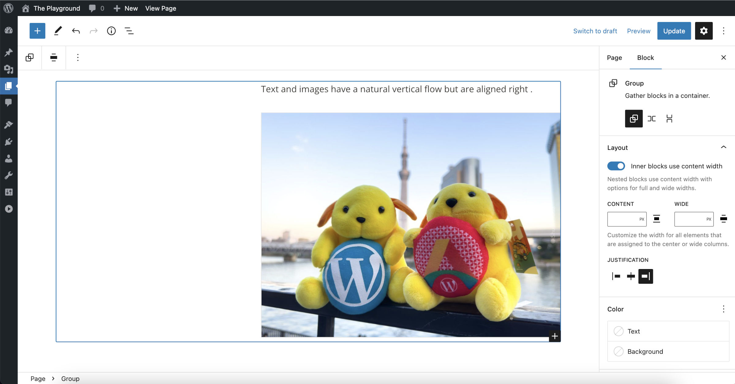 WordPress post editor with a Group block and nested Paragraph and Image blocks aligned to the right.