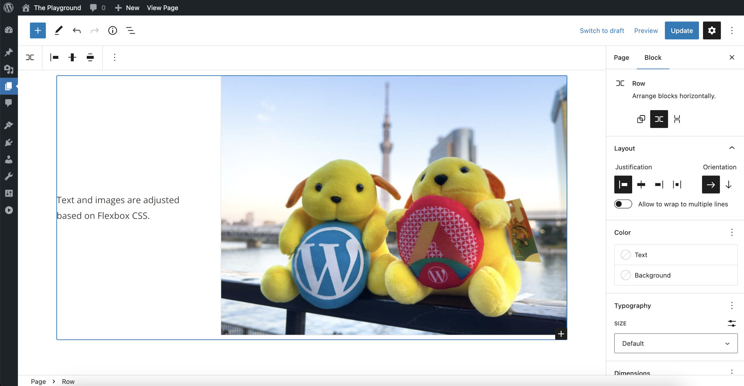 WordPress post editor with a text column aligned next to an image.