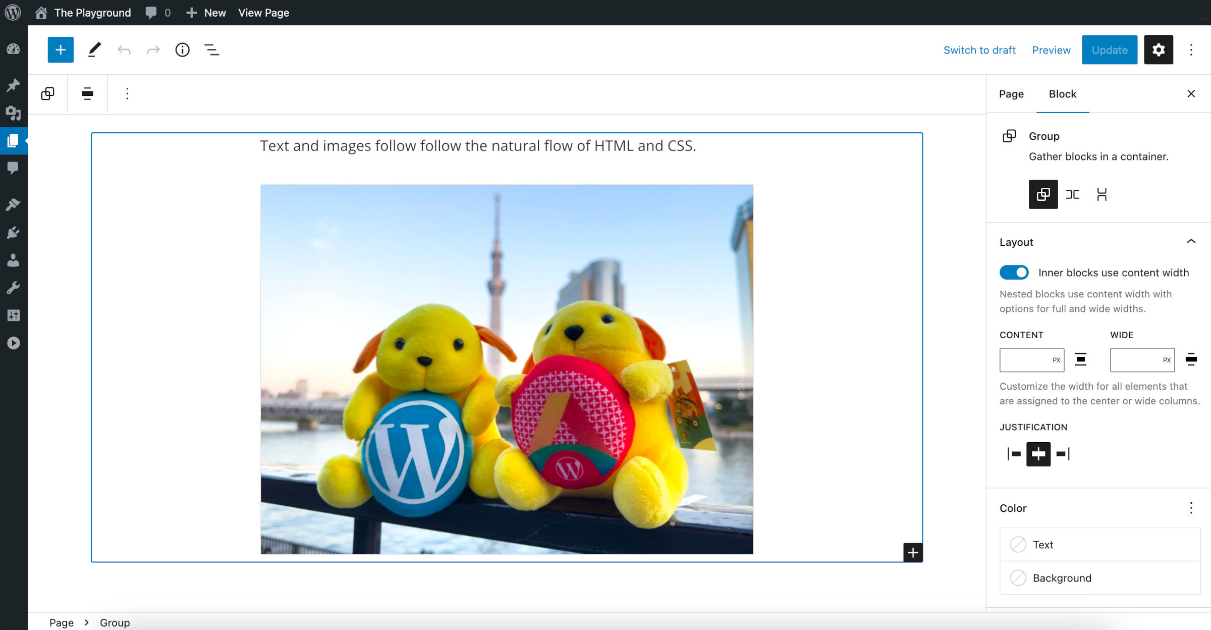 WordPress post editor with a Group, Paragraph, and Image block in the content canvas.