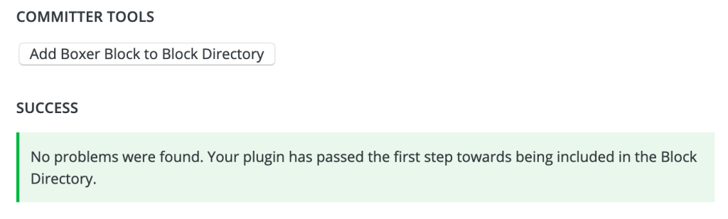 Block checker tool interface with a "Add Plugin Name to the Block Directory" button