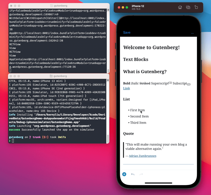 Screenshot of the block editor in iOS simulator.