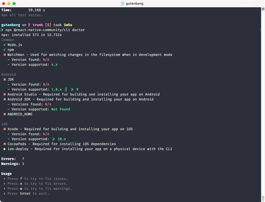 Screenshot of react-native-community/cli doctor tool running in the terminal.