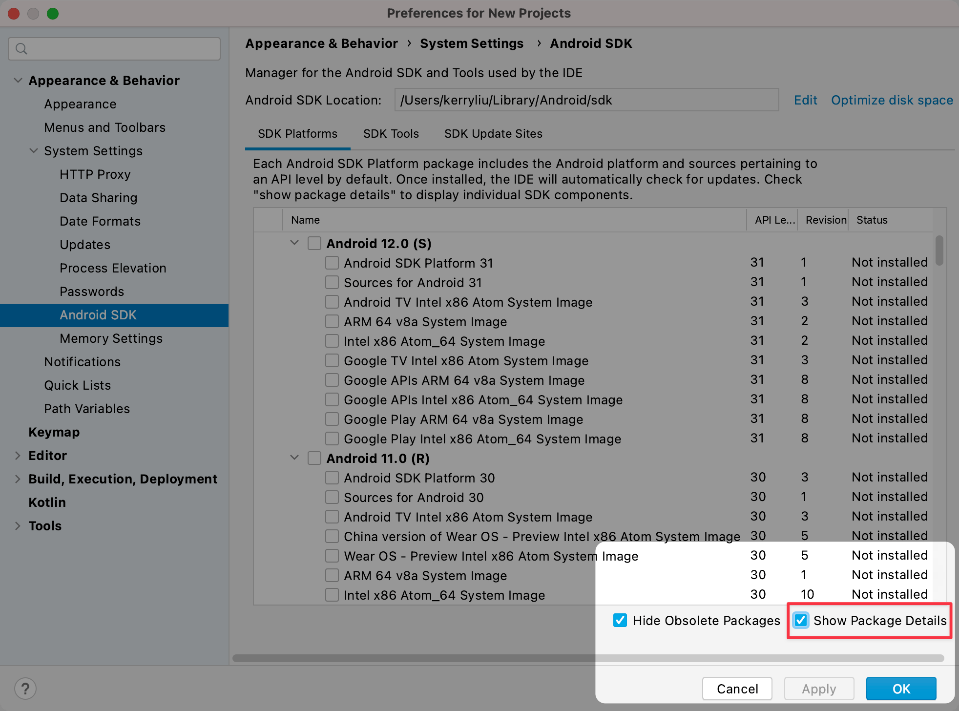 Screenshot of the package manager in Android Studio, highlighting the Show Package Details checkbox.
