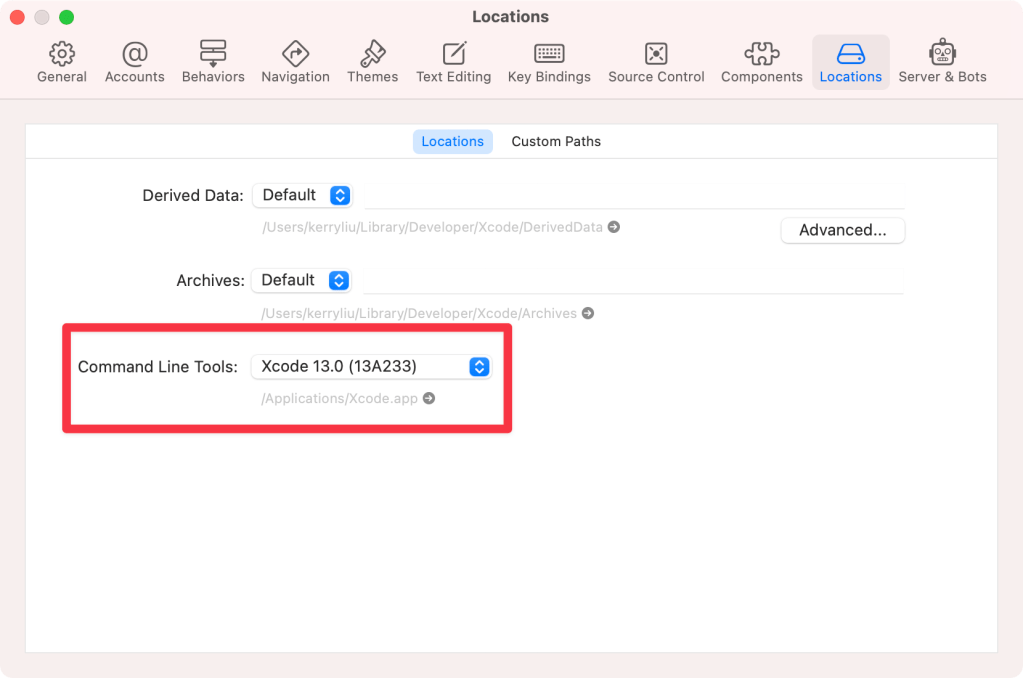 Screenshot of Xcode command line tools settings.