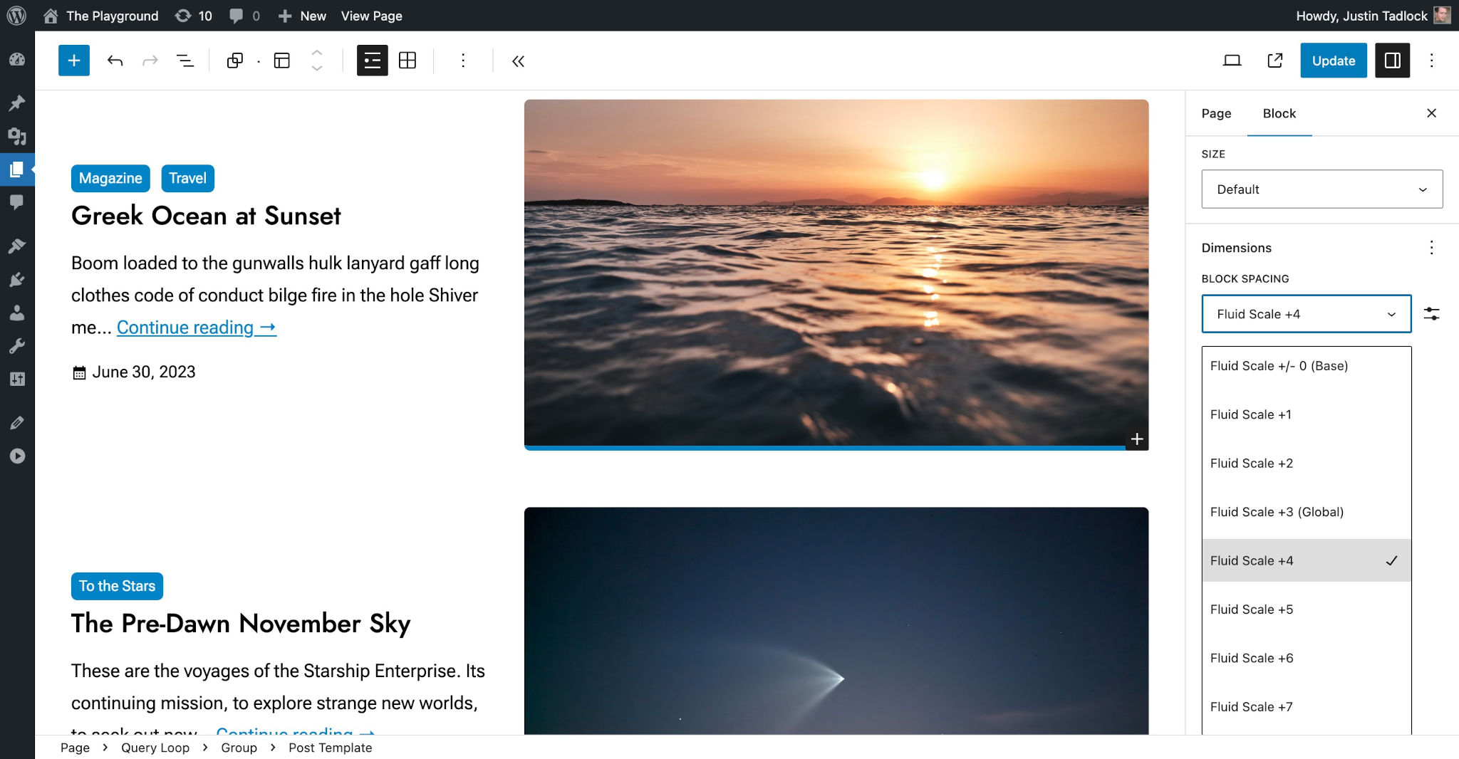 WordPress editor with a Query Loop block. In the sidebar, the Block Spacing dropdown is open.