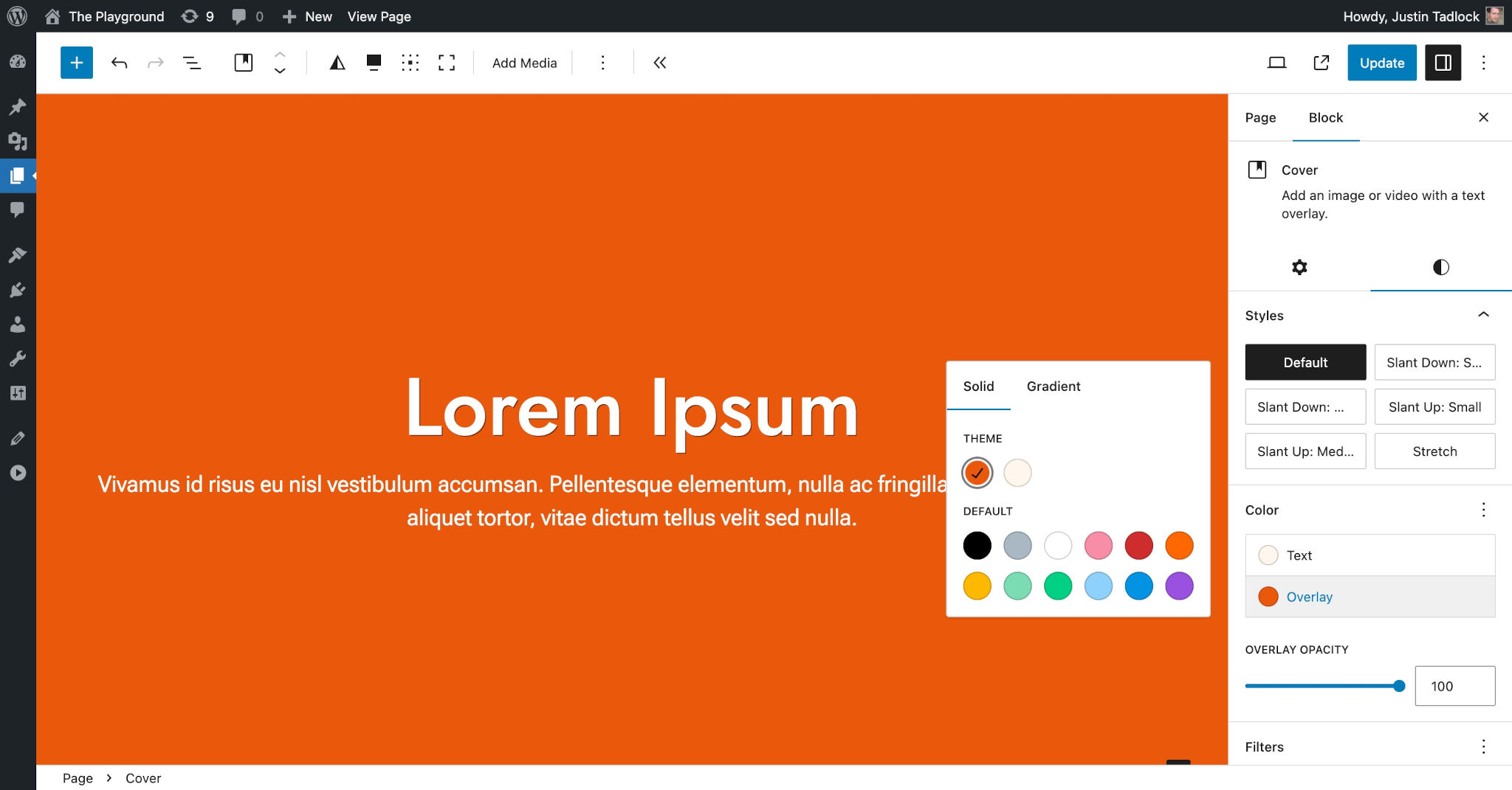 WordPress post editor showing a Cover block with an orange background and white text.