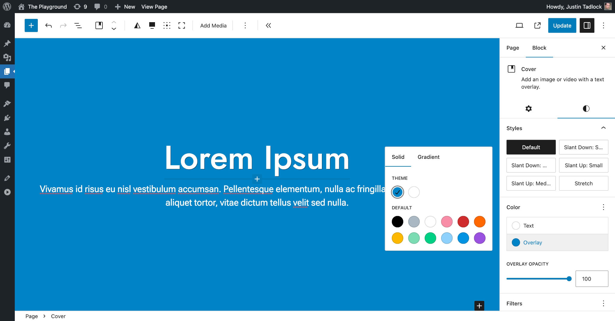 WordPress post editor showing a Cover block with a blue background and white text.
