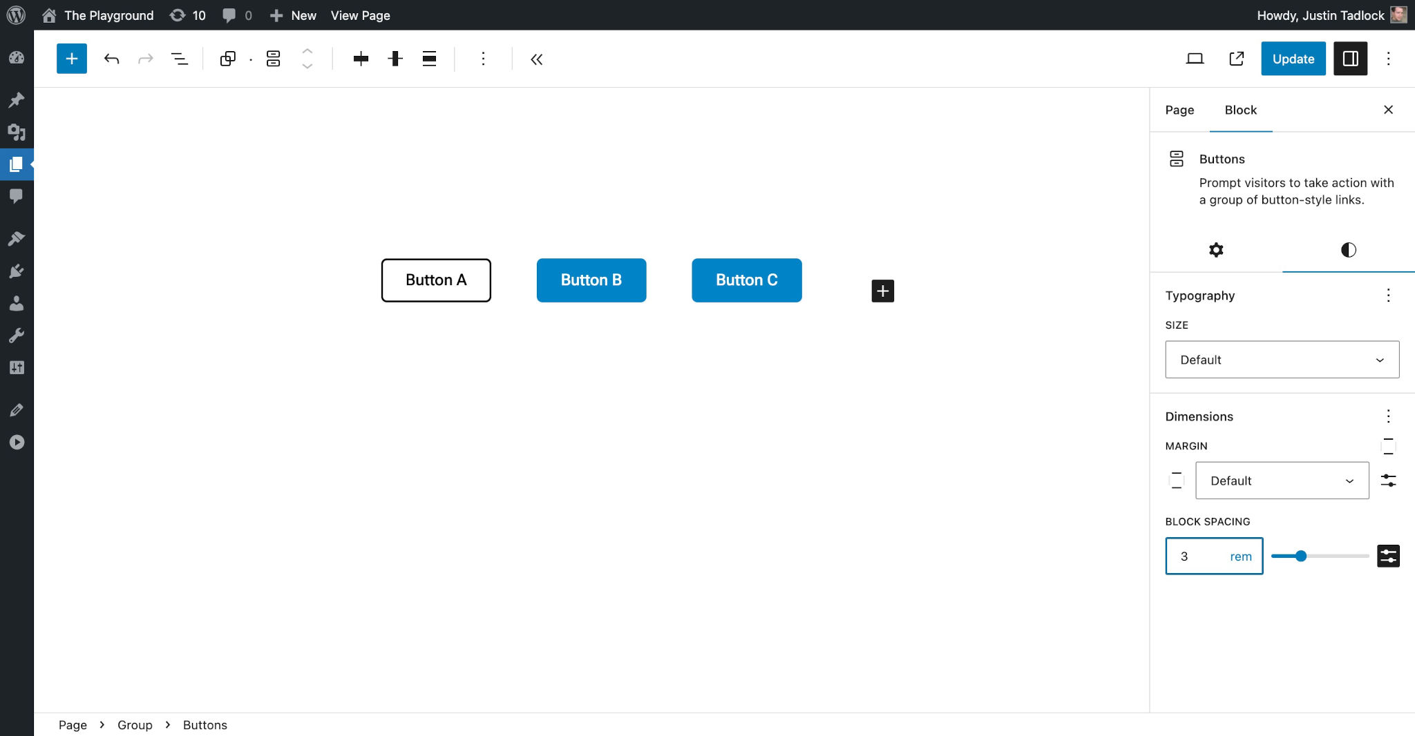 Three buttons in the post editor. In the sidebar, the Block Spacing option is shown.