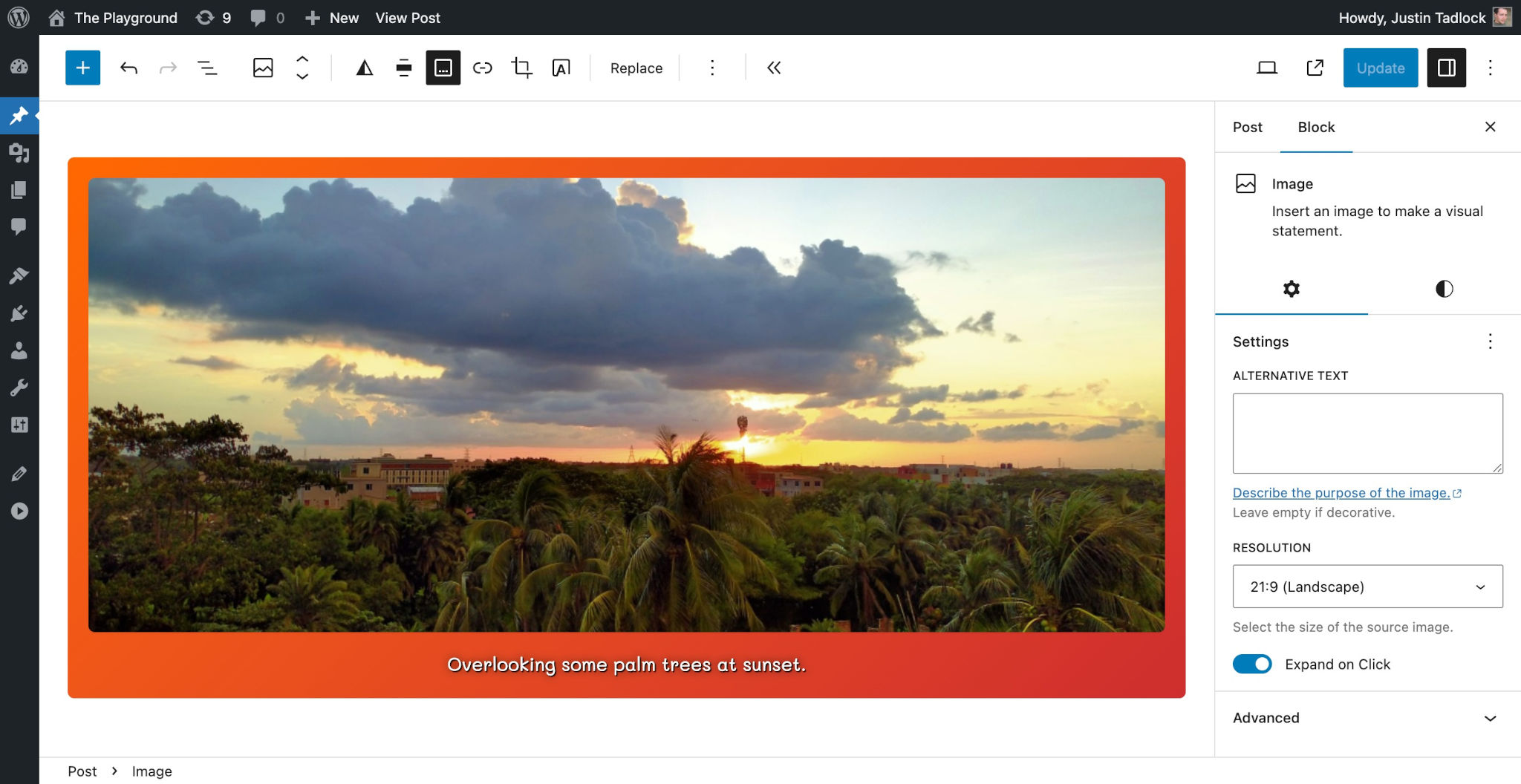 WordPress post editor with an Image block showing the "expand on click" option selected.