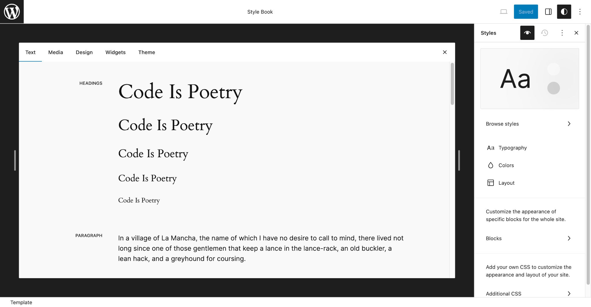Style Book screen under the WordPress Site Editor in the admin. It shows a tabbed overlay with various blocks.