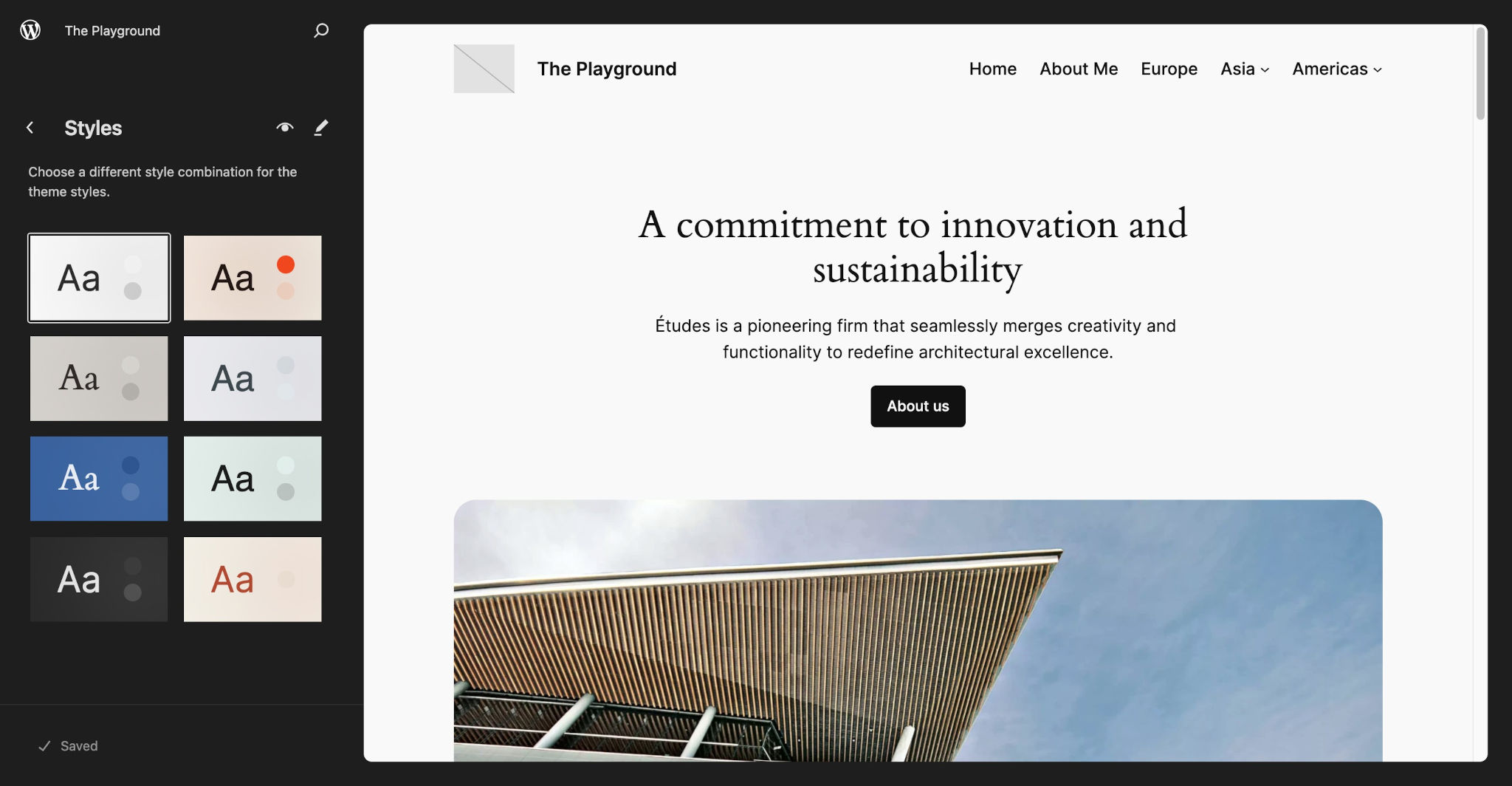 WordPress Styles screen under the Site Editor in the admin. The left panel shows several style variation options.