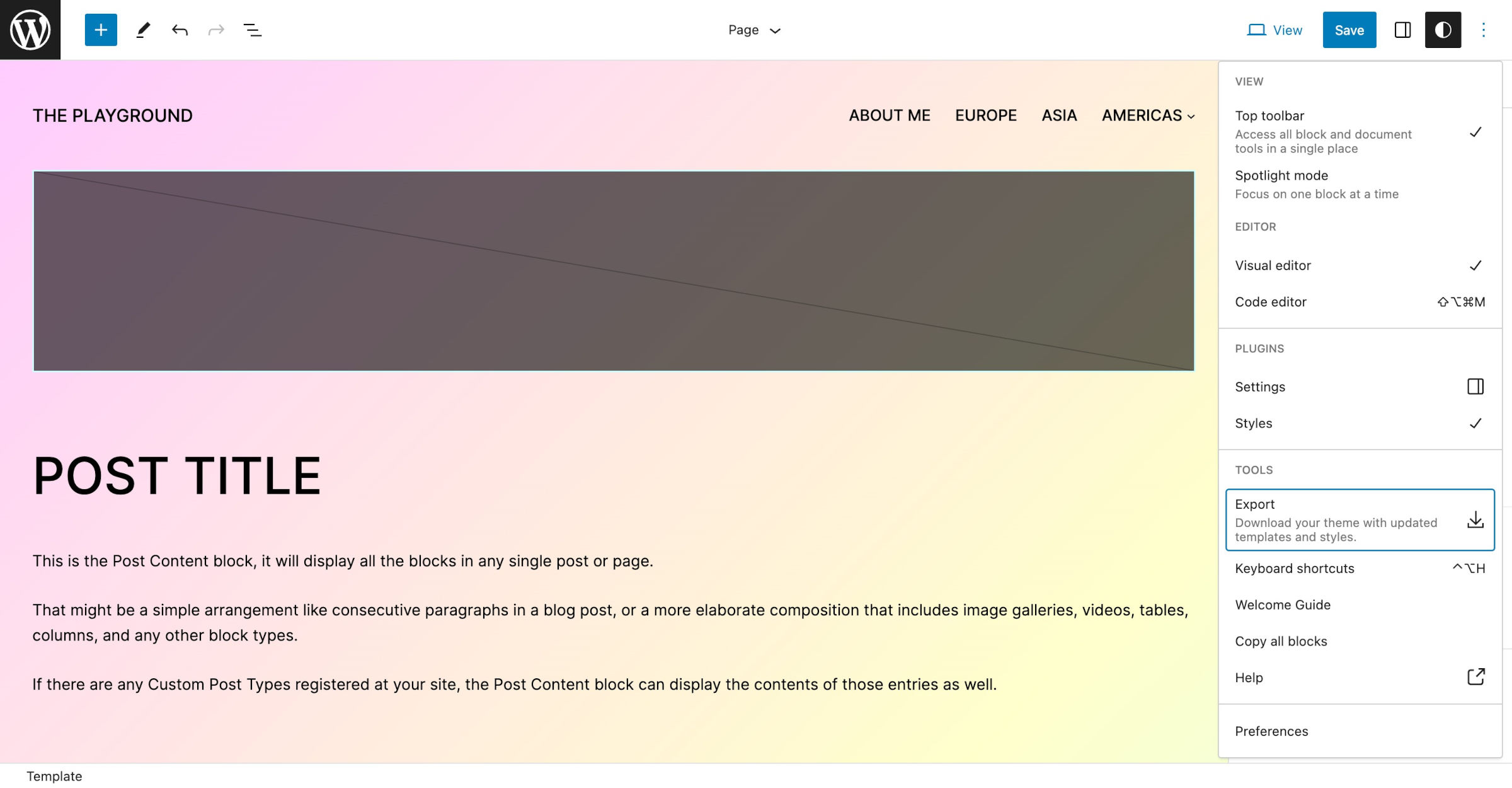 WordPress Site Editor with the options menu dropdown open on the right. The Export option is highlighted.