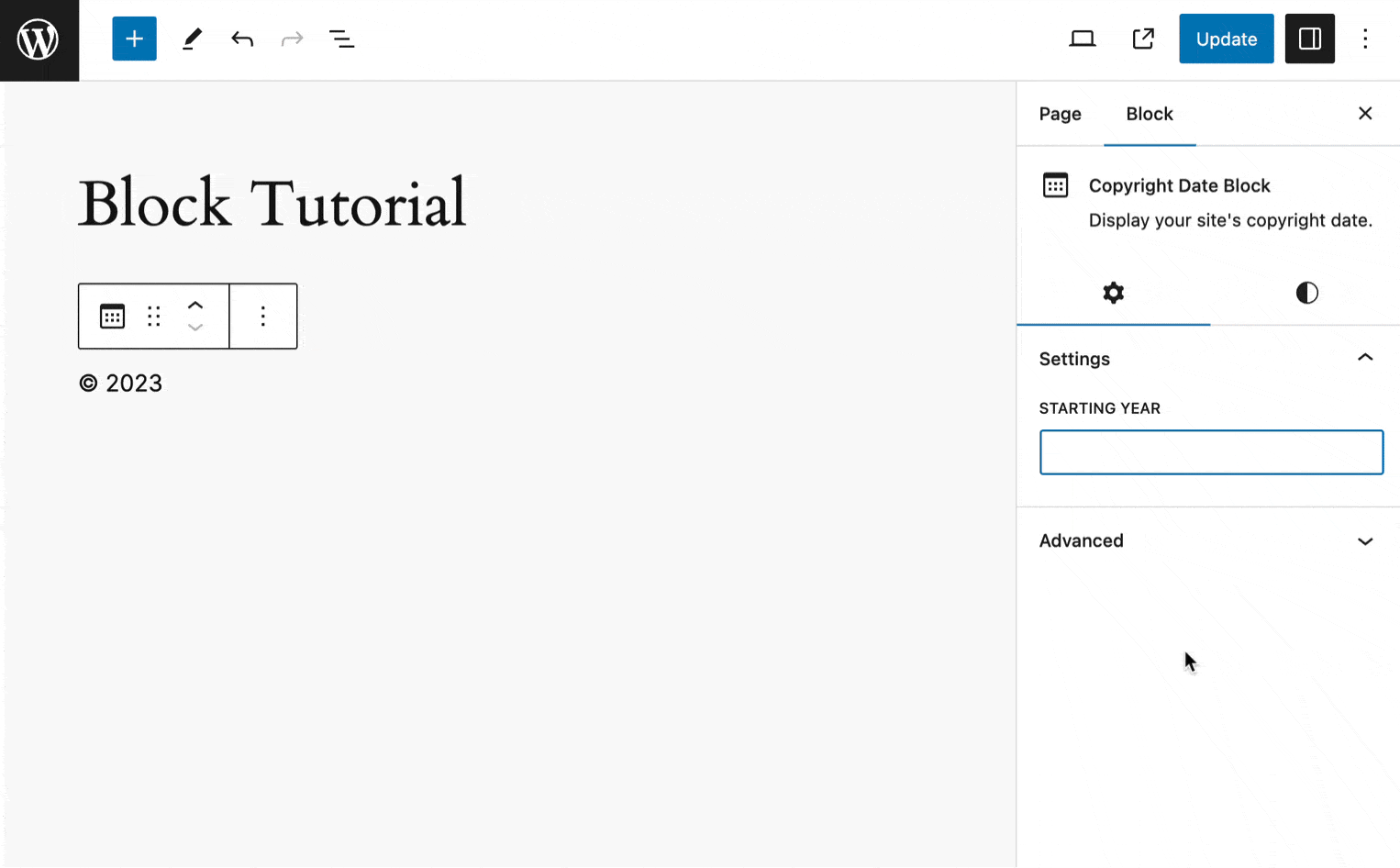 A live look at editing the new Starting Year field in the Settings Sidebar