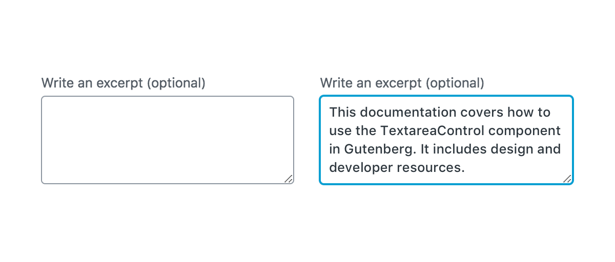 An empty TextareaControl, and a focused TextareaControl with some content entered.