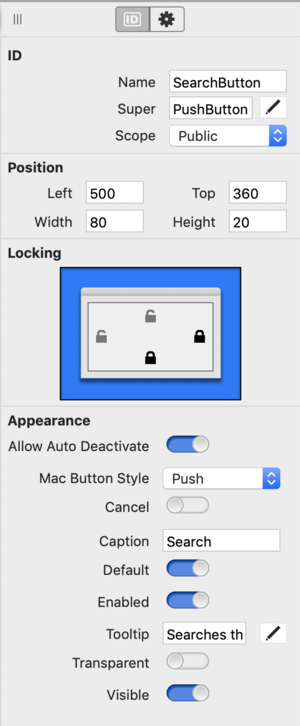 Inspector showing properties of Pushbutton