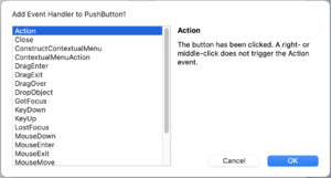 Add Event Handler Dialog showing Pushbutton Pressed Event Selected